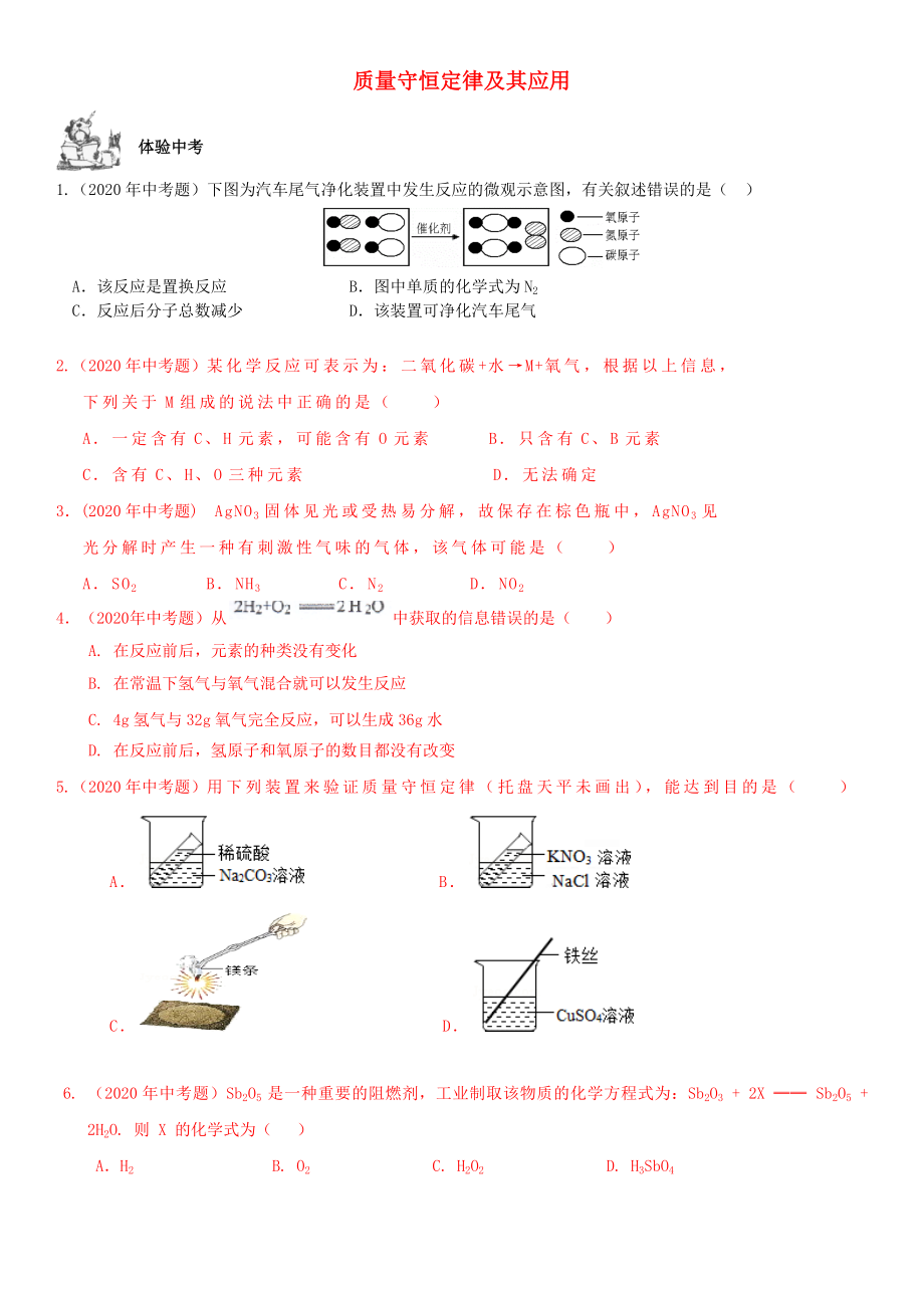 2020年中考化學(xué)總復(fù)習(xí) 第1部分 基礎(chǔ)知識(shí)回顧與能力訓(xùn)練 第7課時(shí) 質(zhì)量守恒定律及其應(yīng)用體驗(yàn)中考訓(xùn)練（無答案）_第1頁