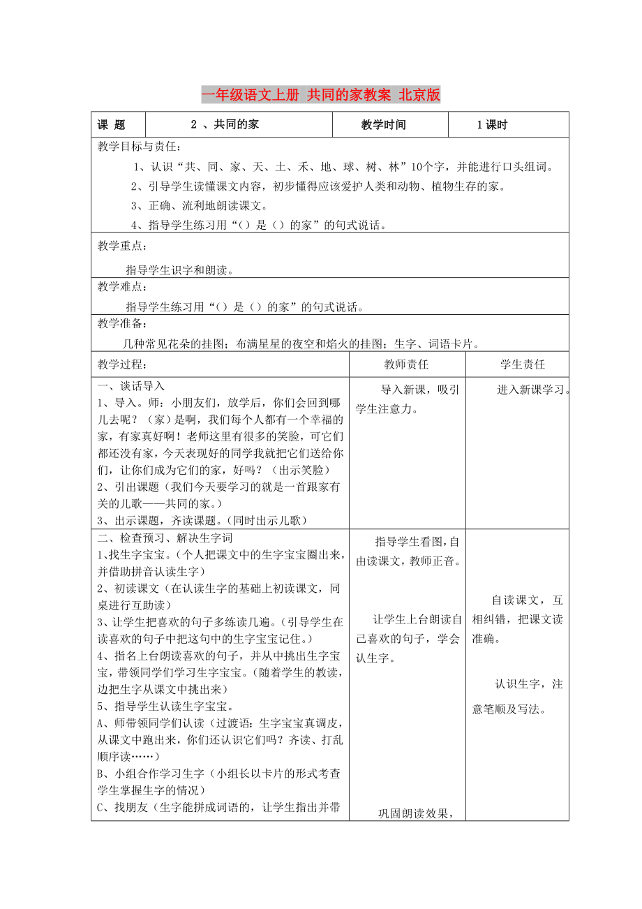 一年級語文上冊 共同的家教案 北京版_第1頁