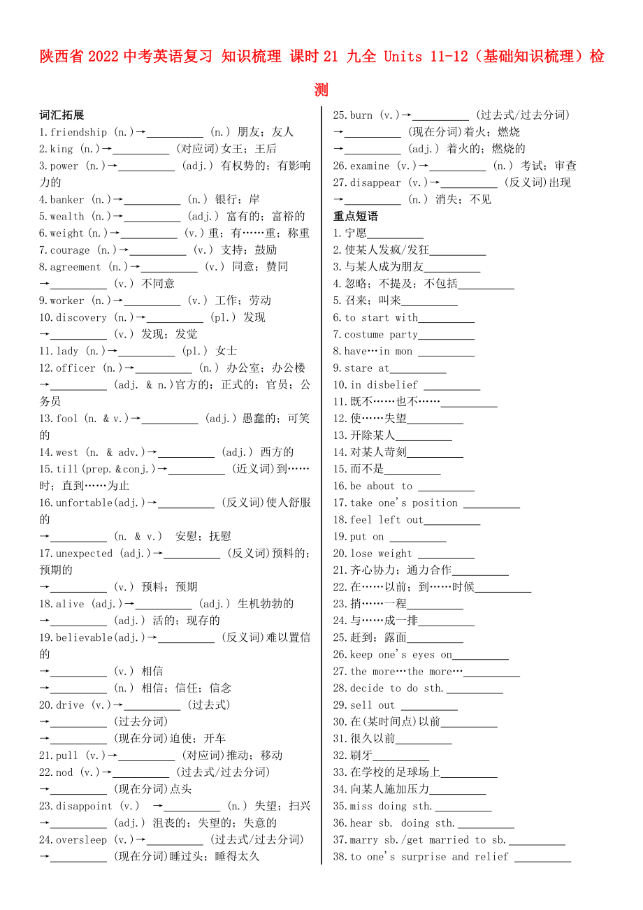 陜西省2022中考英語復(fù)習(xí) 知識梳理 課時21 九全 Units 11-12（基礎(chǔ)知識梳理）檢測_第1頁