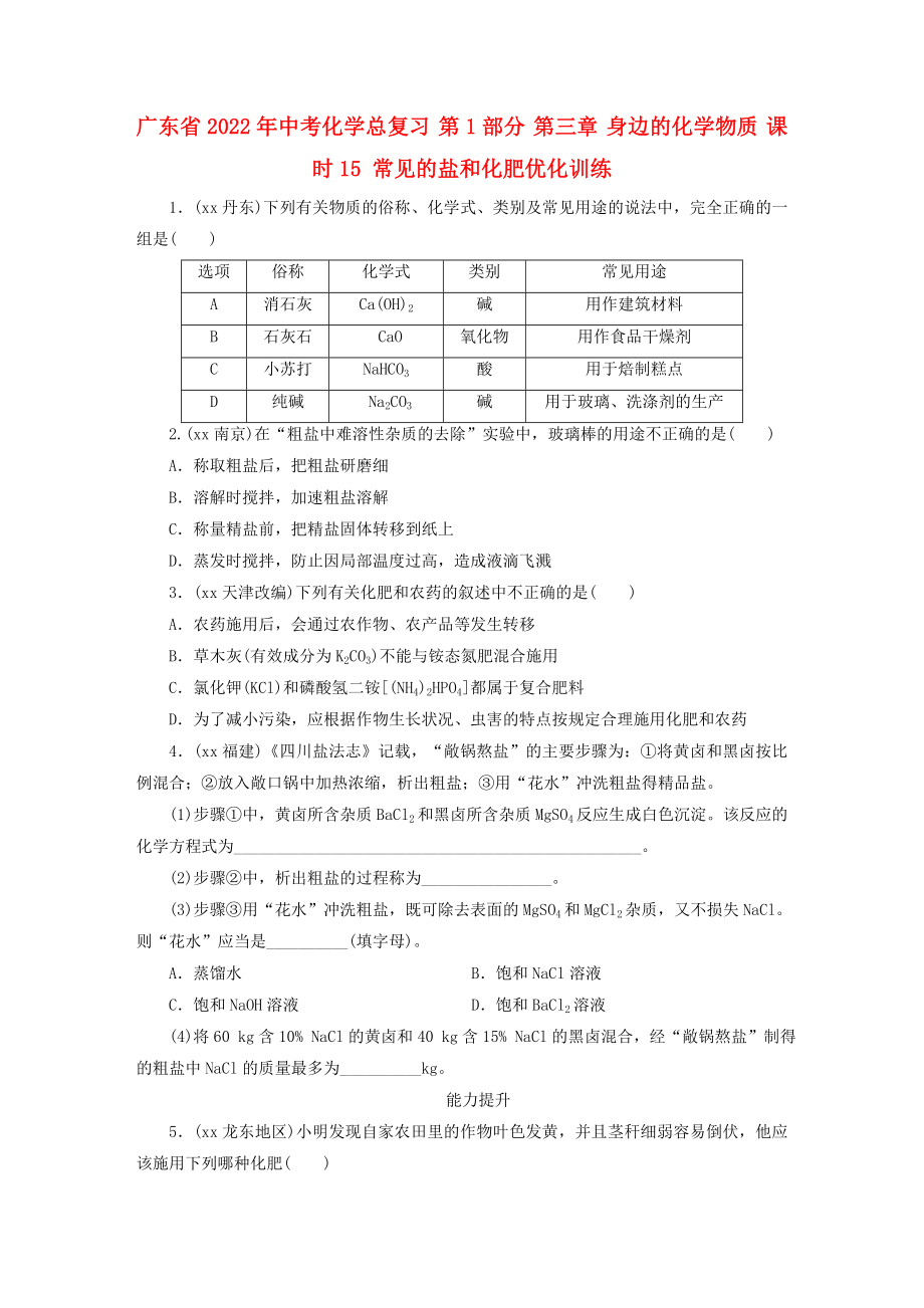 广东省2022年中考化学总复习 第1部分 第三章 身边的化学物质 课时15 常见的盐和化肥优化训练_第1页