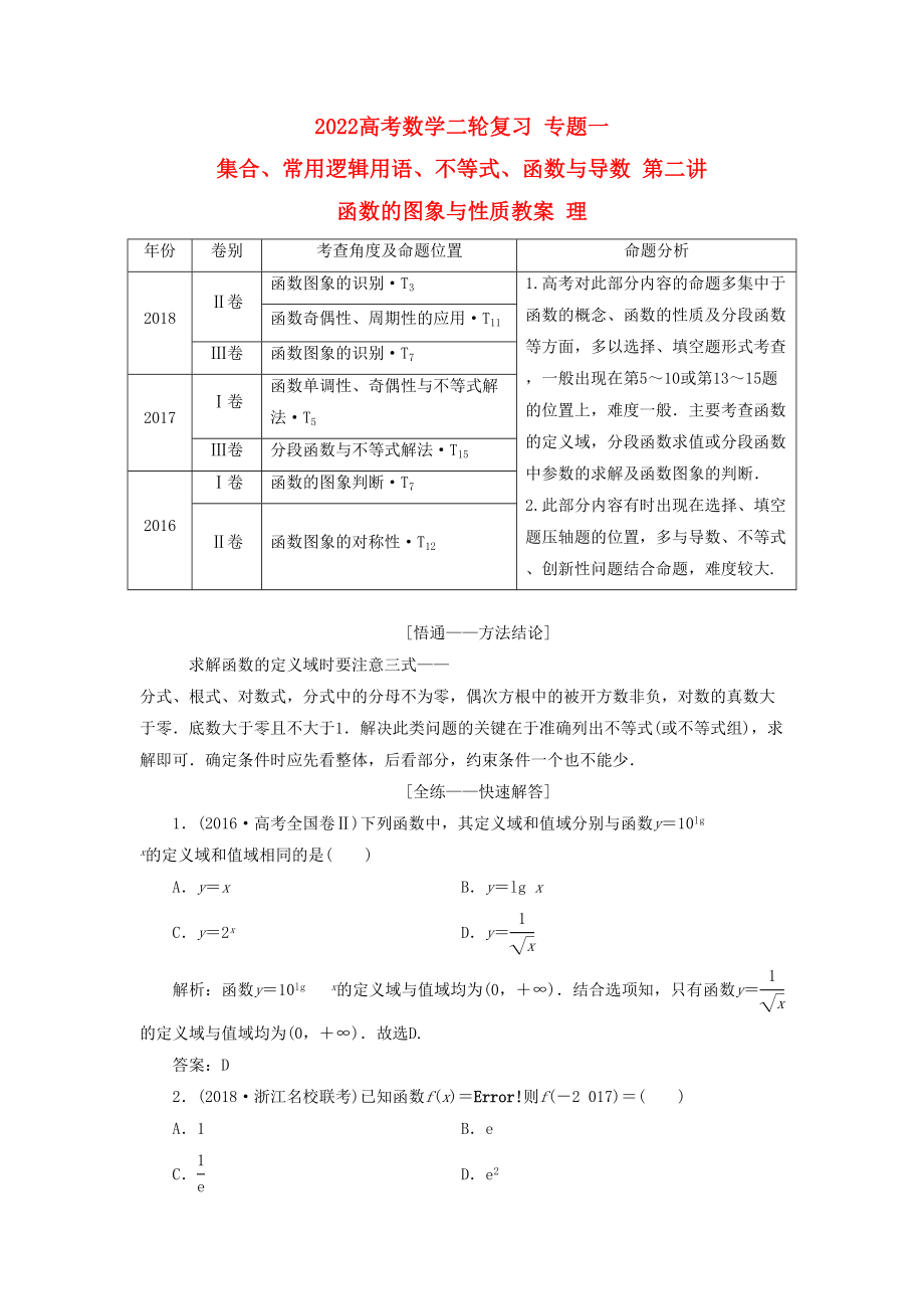 2022高考數(shù)學(xué)二輪復(fù)習(xí) 專題一 集合、常用邏輯用語(yǔ)、不等式、函數(shù)與導(dǎo)數(shù) 第二講 函數(shù)的圖象與性質(zhì)教案 理_第1頁(yè)