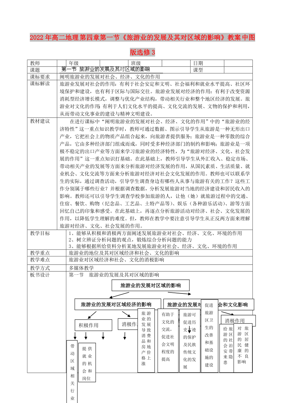 2022年高二地理 第四章第一節(jié)《旅游業(yè)的發(fā)展及其對(duì)區(qū)域的影響》教案 中圖版選修3_第1頁(yè)