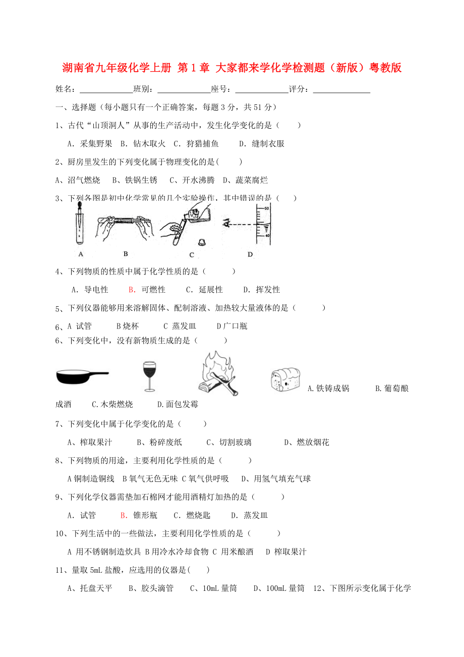 湖南省九年级化学上册 第1章 大家都来学化学检测题（新版）粤教版_第1页