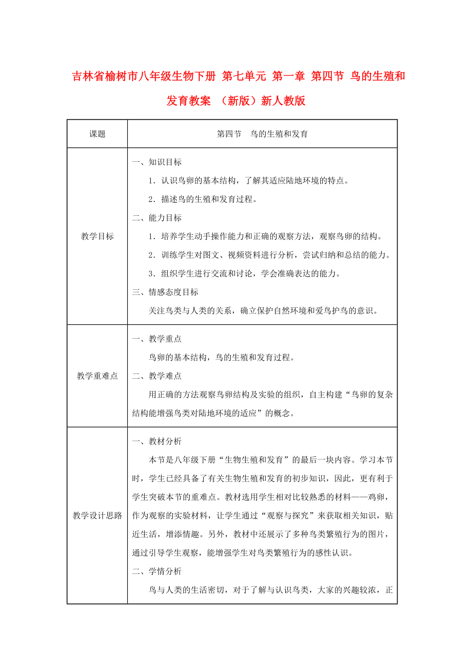 吉林省榆樹市八年級生物下冊 第七單元 第一章 第四節(jié) 鳥的生殖和發(fā)育教案 （新版）新人教版_第1頁