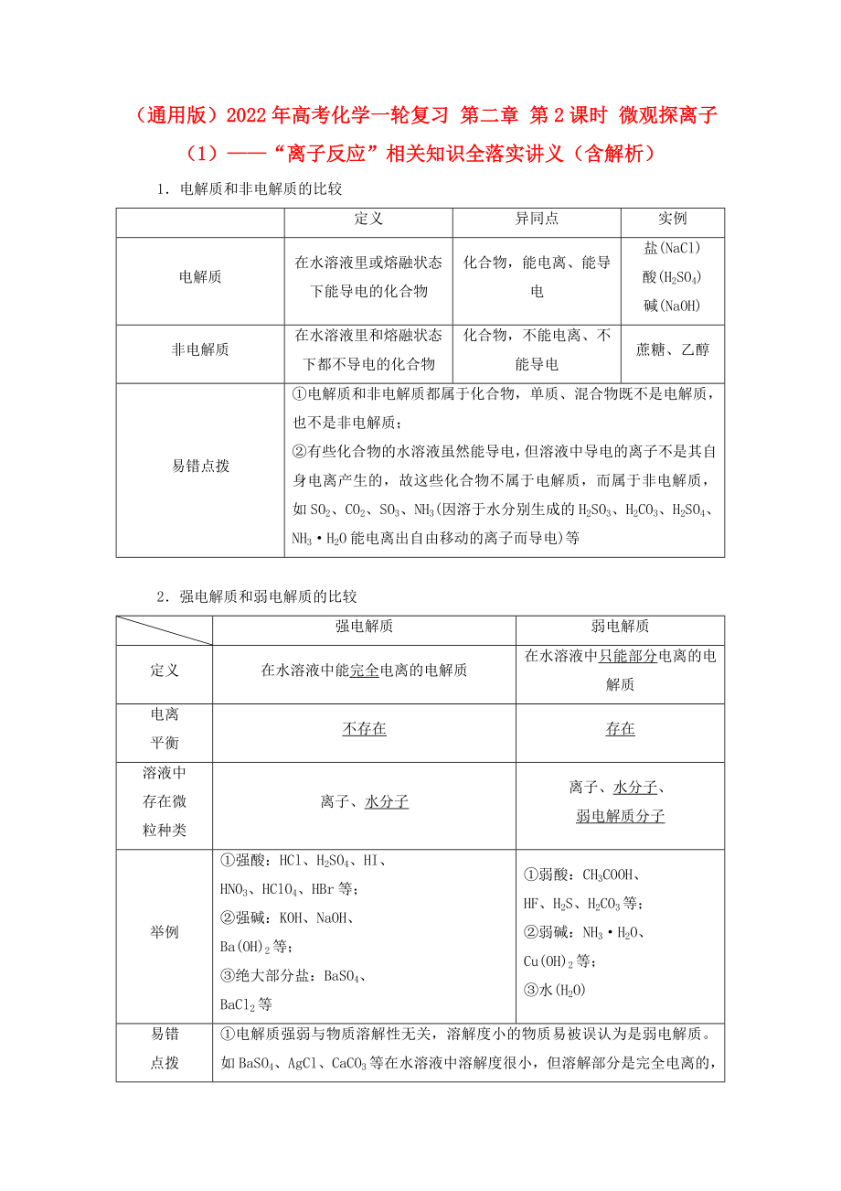 （通用版）2022年高考化学一轮复习 第二章 第2课时 微观探离子（1）——“离子反应”相关知识全落实讲义（含解析）_第1页