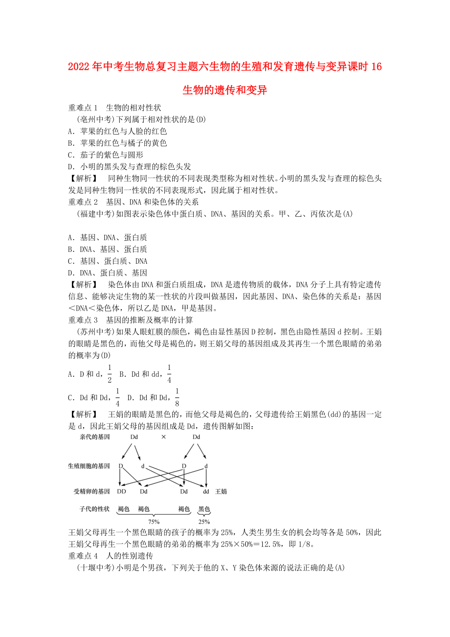 2022年中考生物總復(fù)習(xí) 主題六 生物的生殖和發(fā)育 遺傳與變異 課時(shí)16 生物的遺傳和變異_第1頁