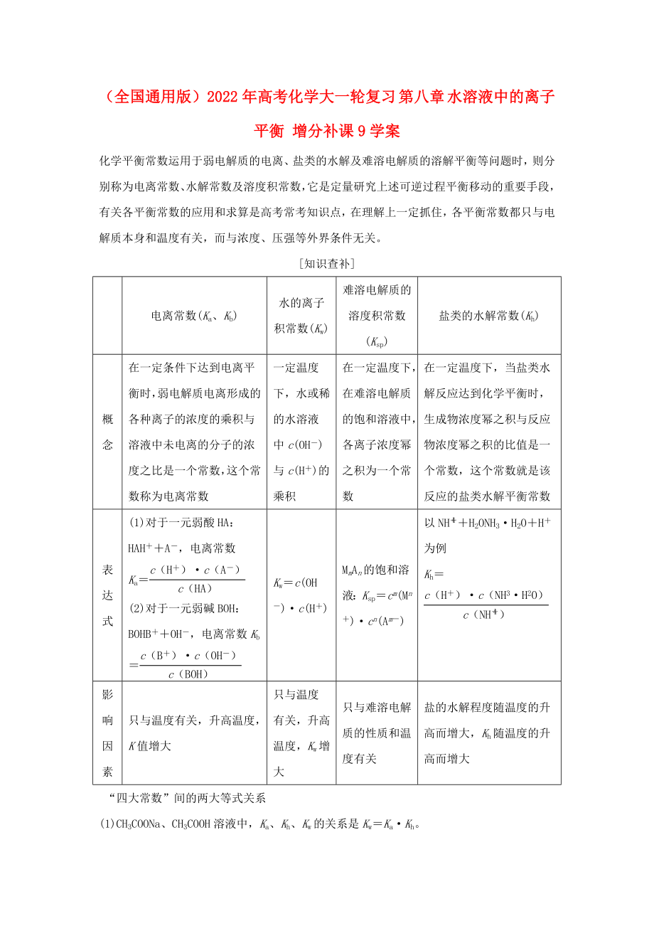 （全國(guó)通用版）2022年高考化學(xué)大一輪復(fù)習(xí) 第八章 水溶液中的離子平衡 增分補(bǔ)課9學(xué)案_第1頁