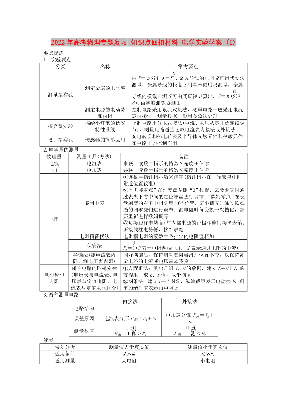 2022年高考物理專題復(fù)習(xí) 知識點回扣材料 電學(xué)實驗學(xué)案 (I)_第1頁