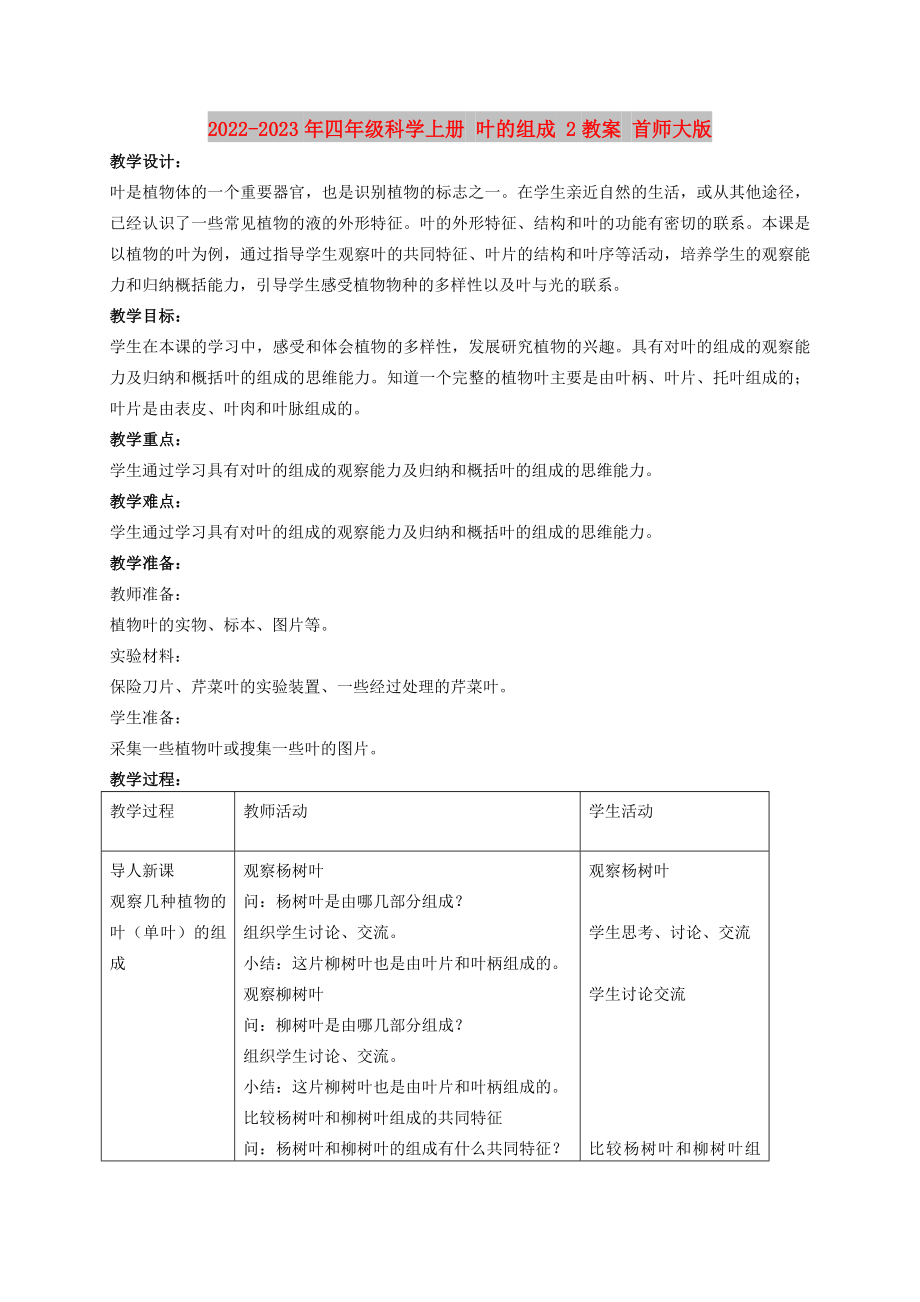 2022-2023年四年级科学上册 叶的组成 2教案 首师大版_第1页