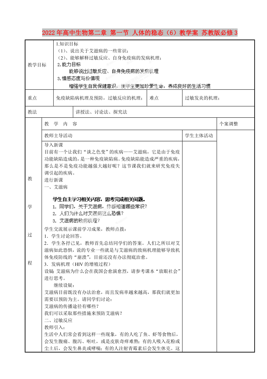 2022年高中生物第二章 第一節(jié) 人體的穩(wěn)態(tài)（6）教學(xué)案 蘇教版必修3_第1頁