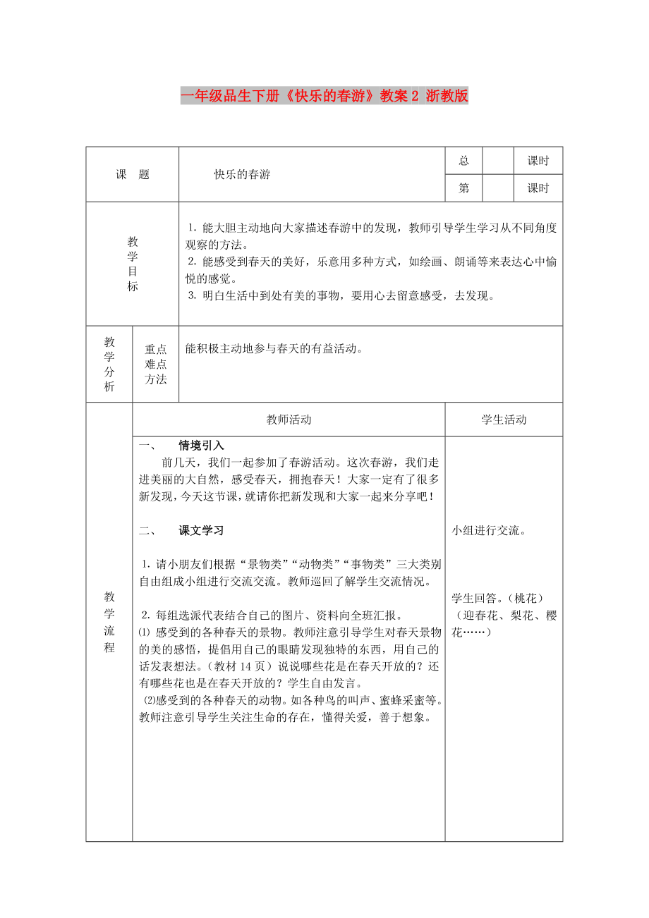 一年級(jí)品生下冊(cè)《快樂的春游》教案2 浙教版_第1頁