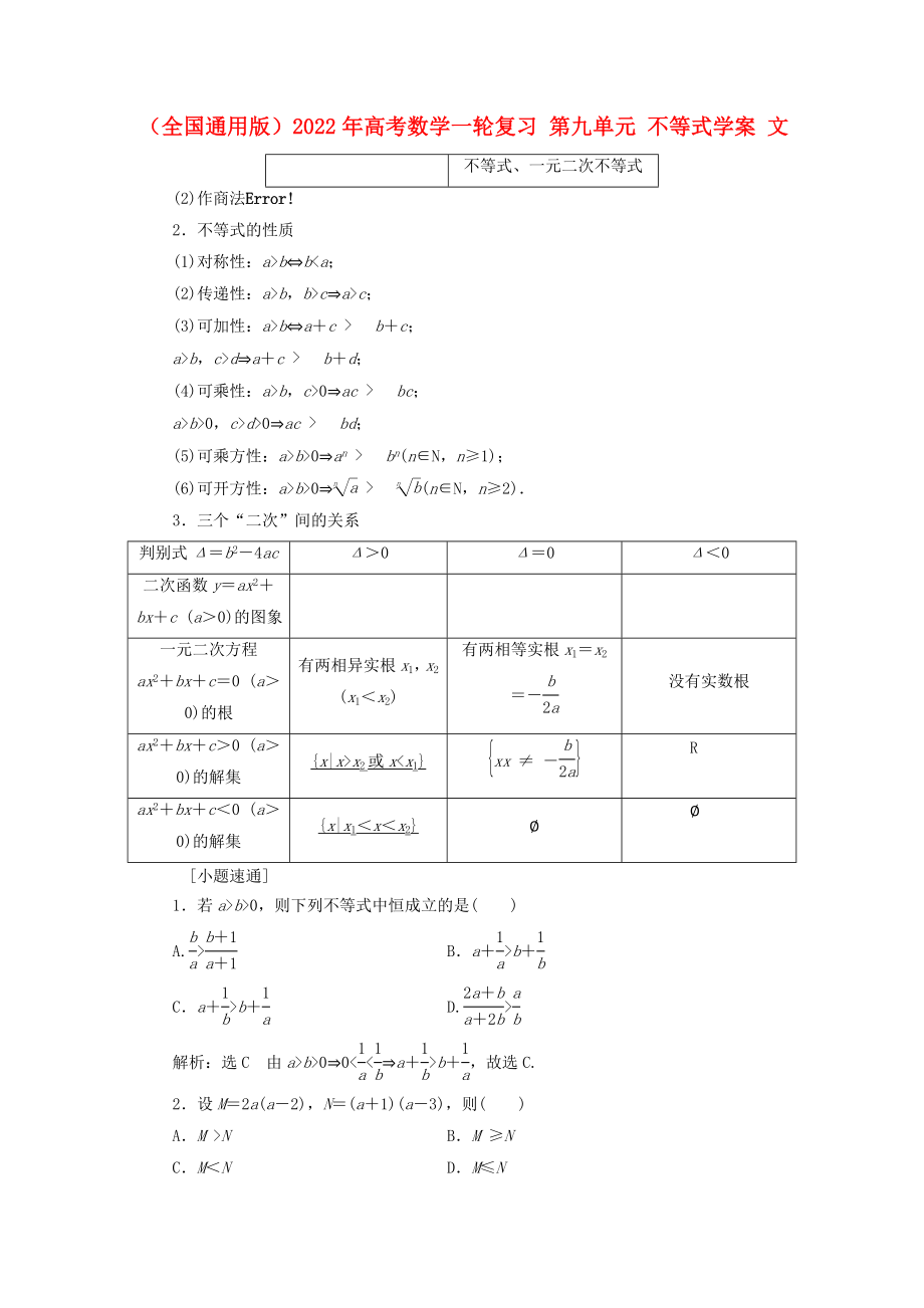 （全國通用版）2022年高考數(shù)學(xué)一輪復(fù)習(xí) 第九單元 不等式學(xué)案 文_第1頁