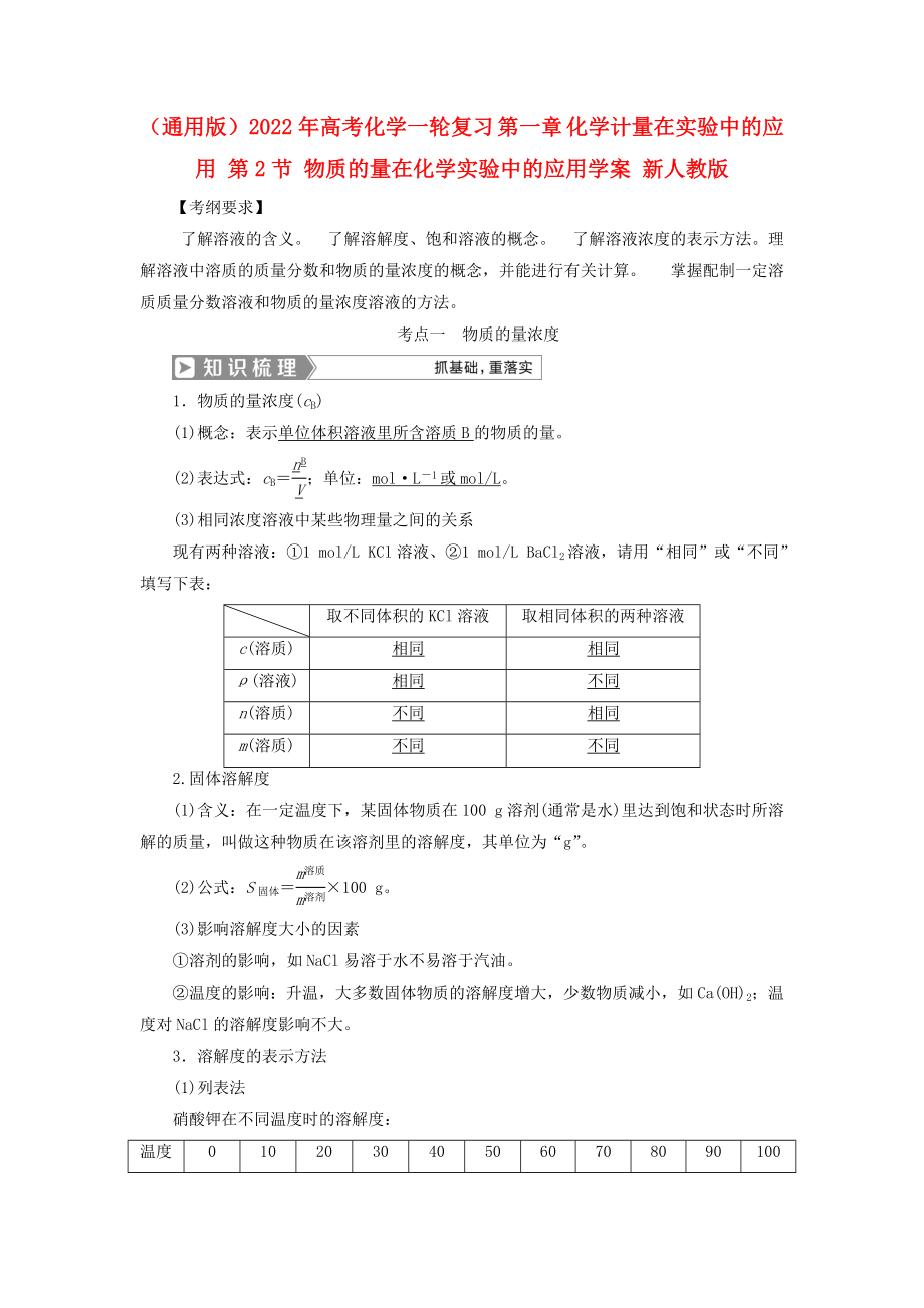 （通用版）2022年高考化學(xué)一輪復(fù)習(xí) 第一章 化學(xué)計(jì)量在實(shí)驗(yàn)中的應(yīng)用 第2節(jié) 物質(zhì)的量在化學(xué)實(shí)驗(yàn)中的應(yīng)用學(xué)案 新人教版_第1頁