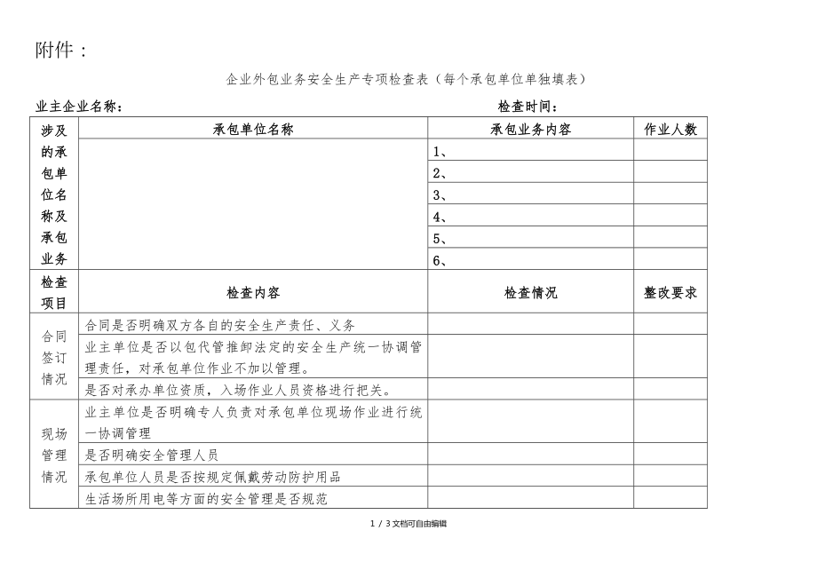 企业外包业务安全生产专项检查表(全面)_第1页