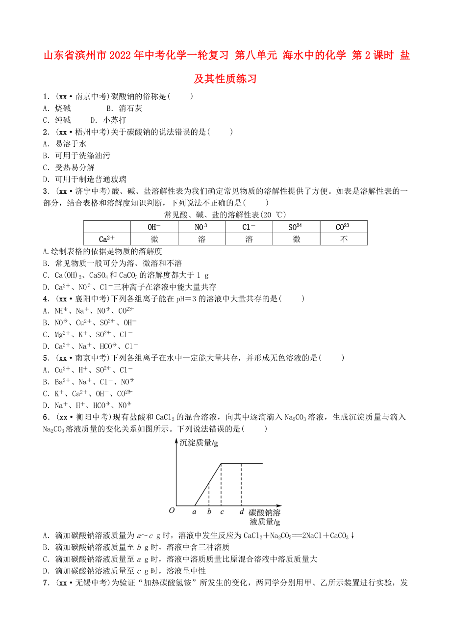 山東省濱州市2022年中考化學(xué)一輪復(fù)習(xí) 第八單元 海水中的化學(xué) 第2課時(shí) 鹽及其性質(zhì)練習(xí)_第1頁