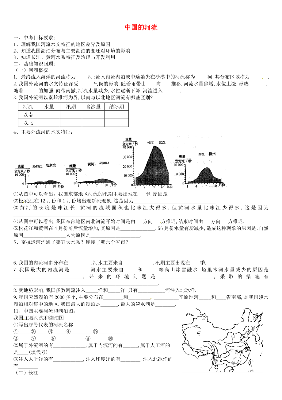 山東省泰安市岱岳區(qū)范鎮(zhèn)二中學八年級地理上冊 中國的河流學案（無答案）（新版）湘教版_第1頁