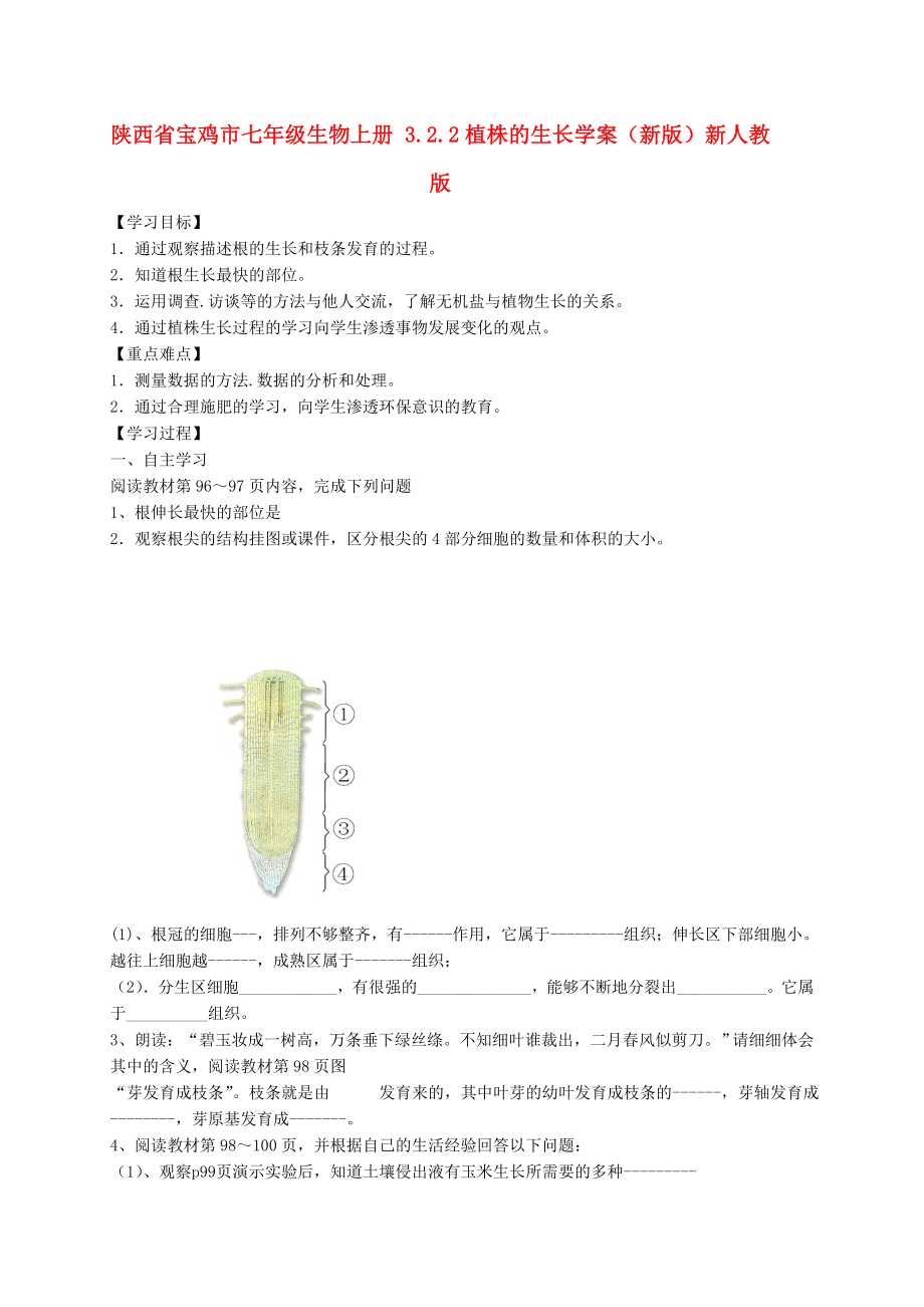陕西省宝鸡市七年级生物上册 3.2.2植株的生长学案（新版）新人教版_第1页