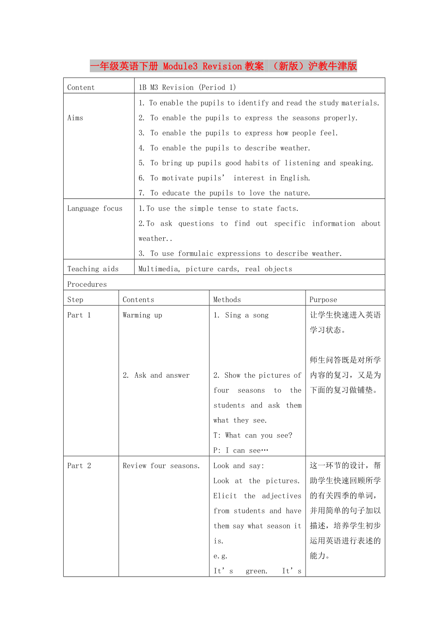 一年級(jí)英語(yǔ)下冊(cè) Module3 Revision教案 （新版）滬教牛津版_第1頁(yè)