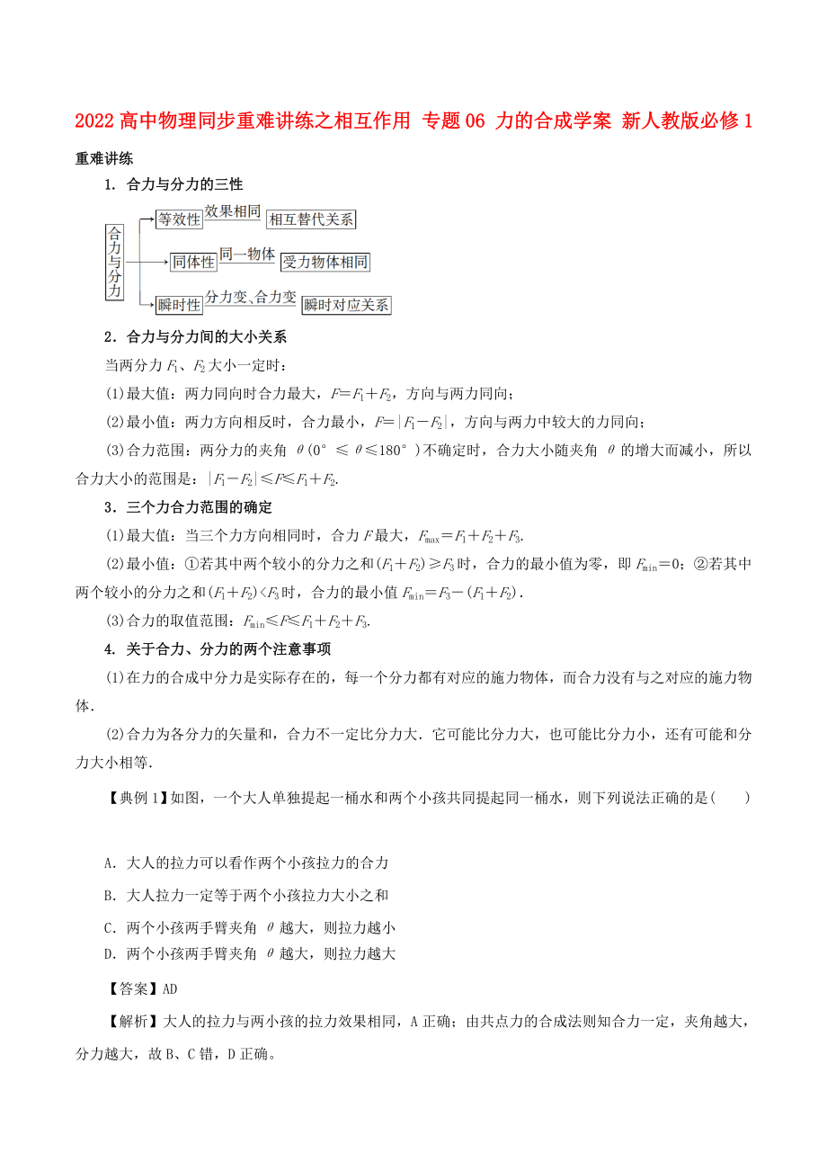 2022高中物理同步重難講練之相互作用 專題06 力的合成學(xué)案 新人教版必修1_第1頁