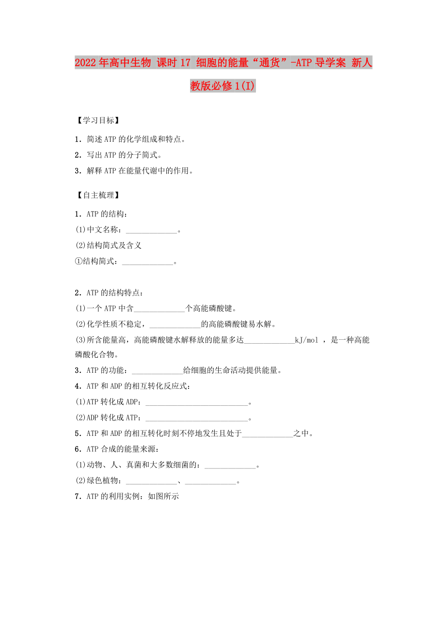 2022年高中生物 課時17 細胞的能量“通貨”-ATP導學案 新人教版必修1(I)_第1頁