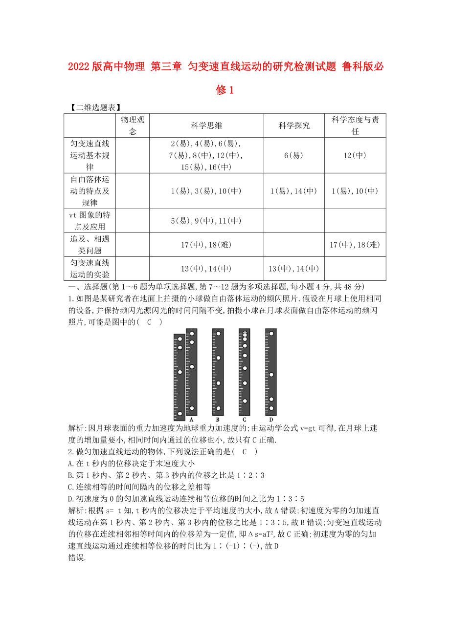 2022版高中物理 第三章 勻變速直線運動的研究檢測試題 魯科版必修1_第1頁