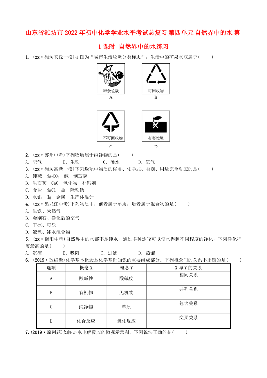 山东省潍坊市2022年初中化学学业水平考试总复习 第四单元 自然界中的水 第1课时 自然界中的水练习_第1页