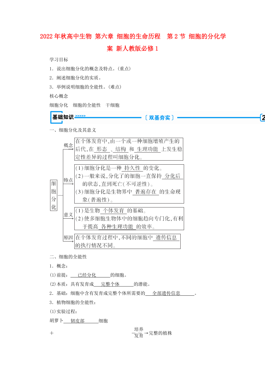 2022年秋高中生物 第六章 細胞的生命歷程第2節(jié) 細胞的分化學案 新人教版必修1_第1頁