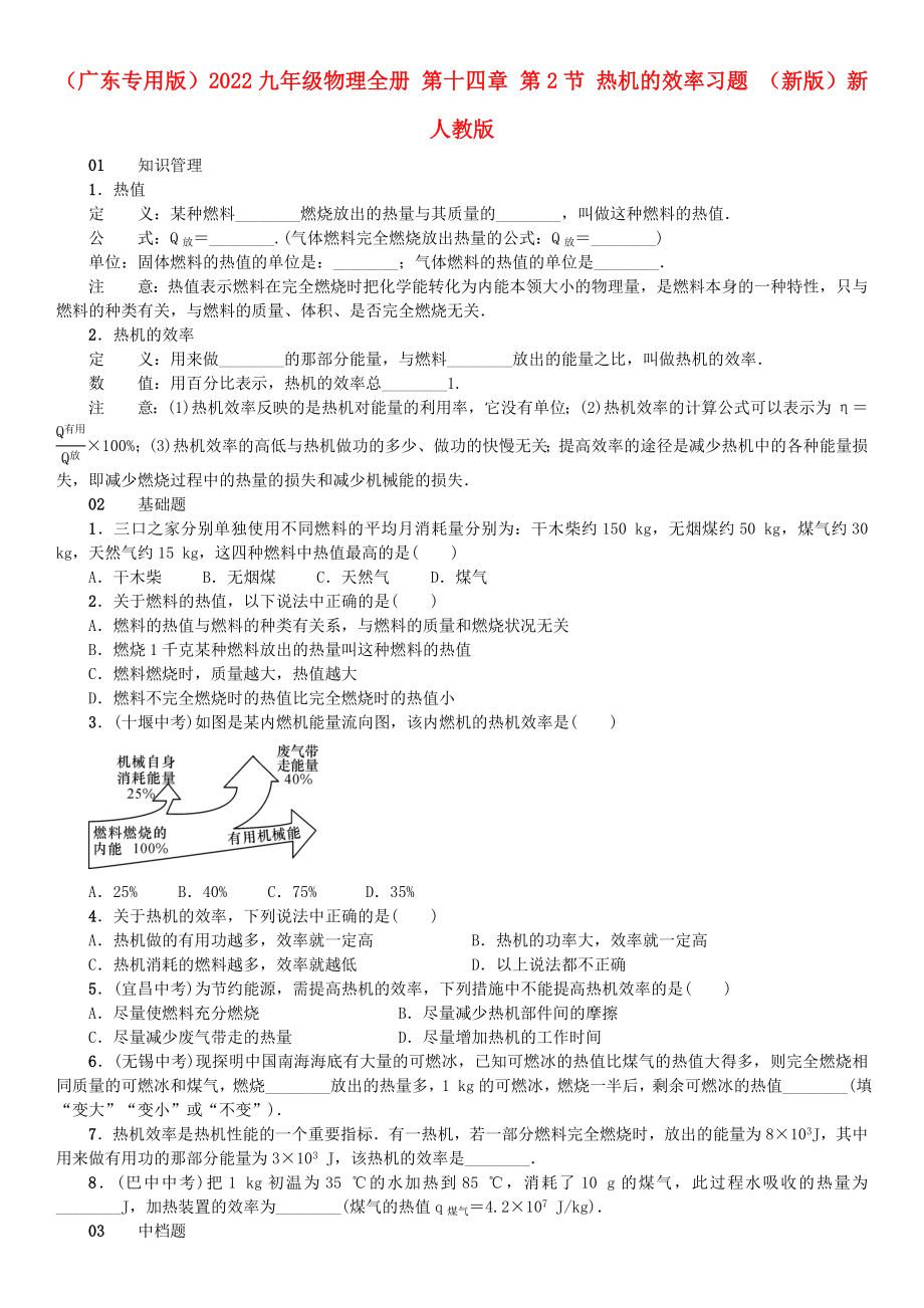 （廣東專用版）2022九年級(jí)物理全冊(cè) 第十四章 第2節(jié) 熱機(jī)的效率習(xí)題 （新版）新人教版_第1頁