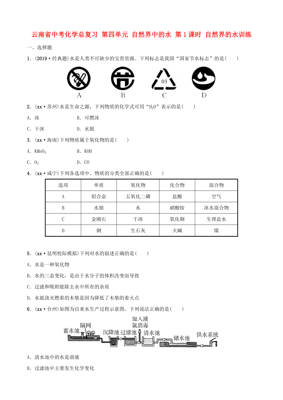 云南省中考化學(xué)總復(fù)習(xí) 第四單元 自然界中的水 第1課時(shí) 自然界的水訓(xùn)練_第1頁(yè)