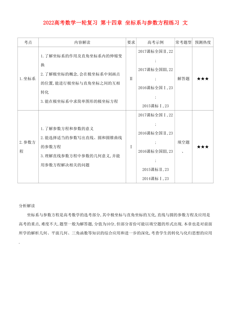 2022高考數(shù)學一輪復習 第十四章 坐標系與參數(shù)方程練習 文_第1頁