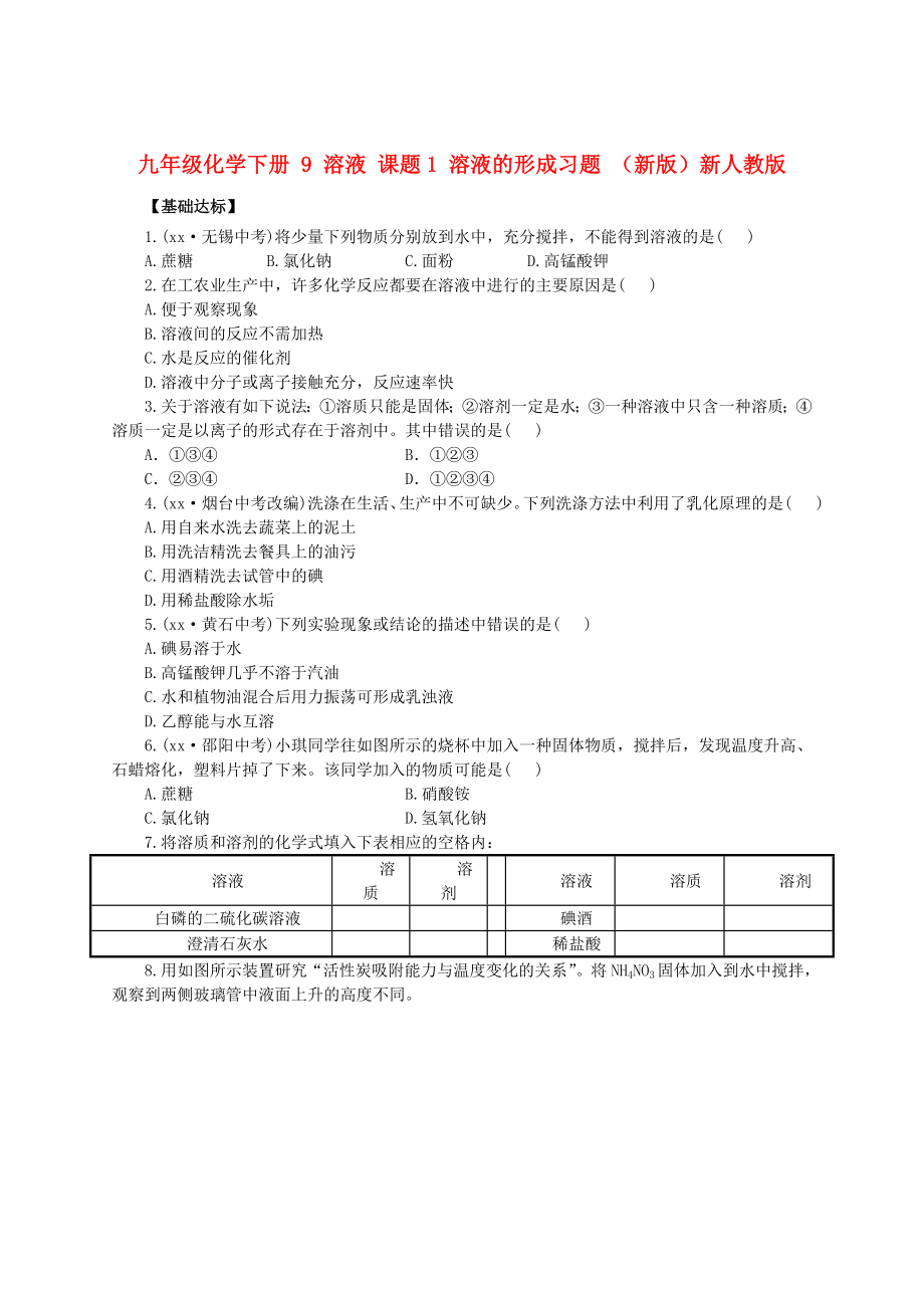 九年級(jí)化學(xué)下冊(cè) 9 溶液 課題1 溶液的形成習(xí)題 （新版）新人教版_第1頁(yè)