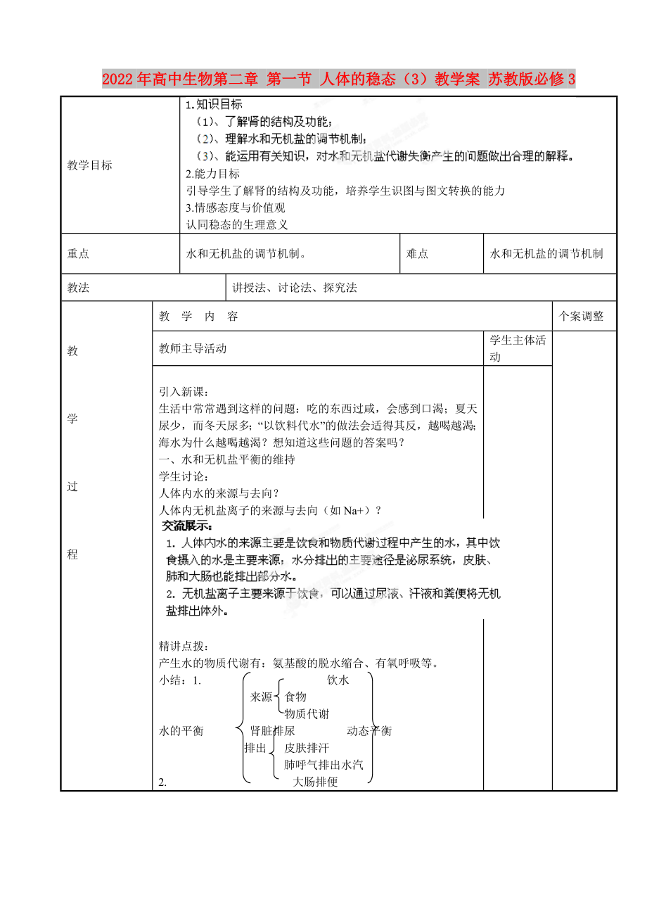 2022年高中生物第二章 第一節(jié) 人體的穩(wěn)態(tài)（3）教學(xué)案 蘇教版必修3_第1頁