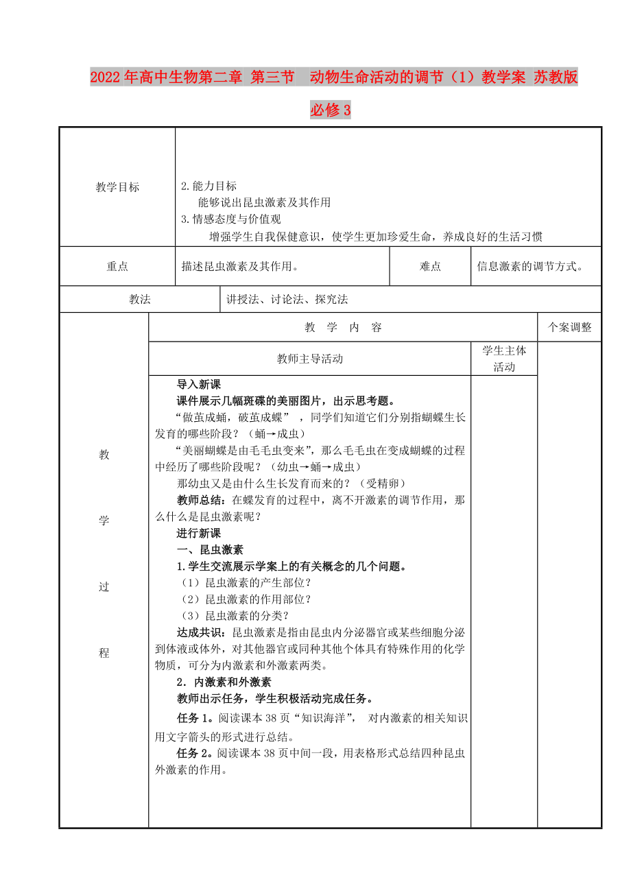 2022年高中生物第二章 第三節(jié)動(dòng)物生命活動(dòng)的調(diào)節(jié)（1）教學(xué)案 蘇教版必修3_第1頁(yè)