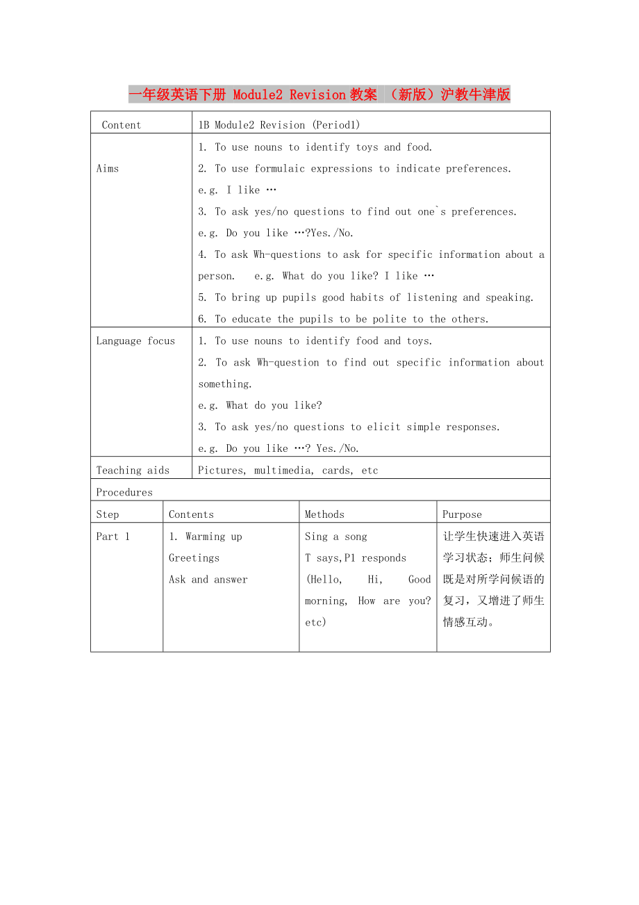 一年級英語下冊 Module2 Revision教案 （新版）滬教牛津版_第1頁