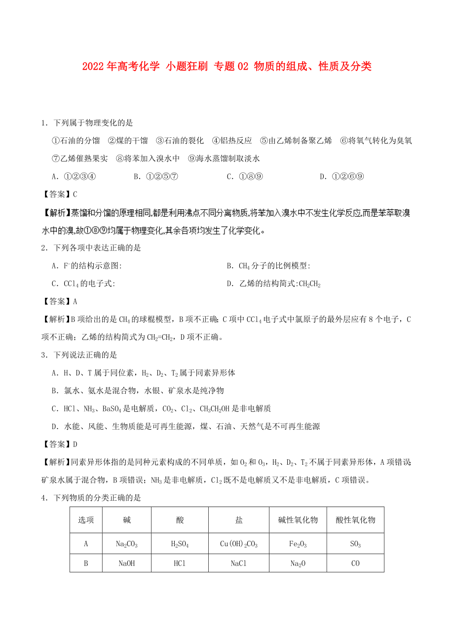 2022年高考化学 小题狂刷 专题02 物质的组成、性质及分类_第1页