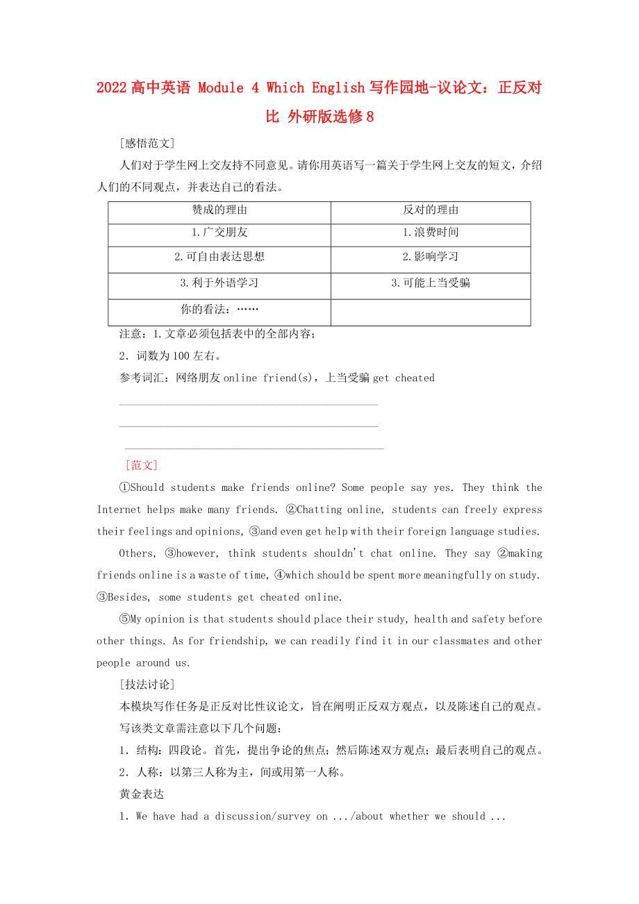 2022高中英語 Module 4 Which English寫作園地-議論文：正反對比 外研版選修8_第1頁