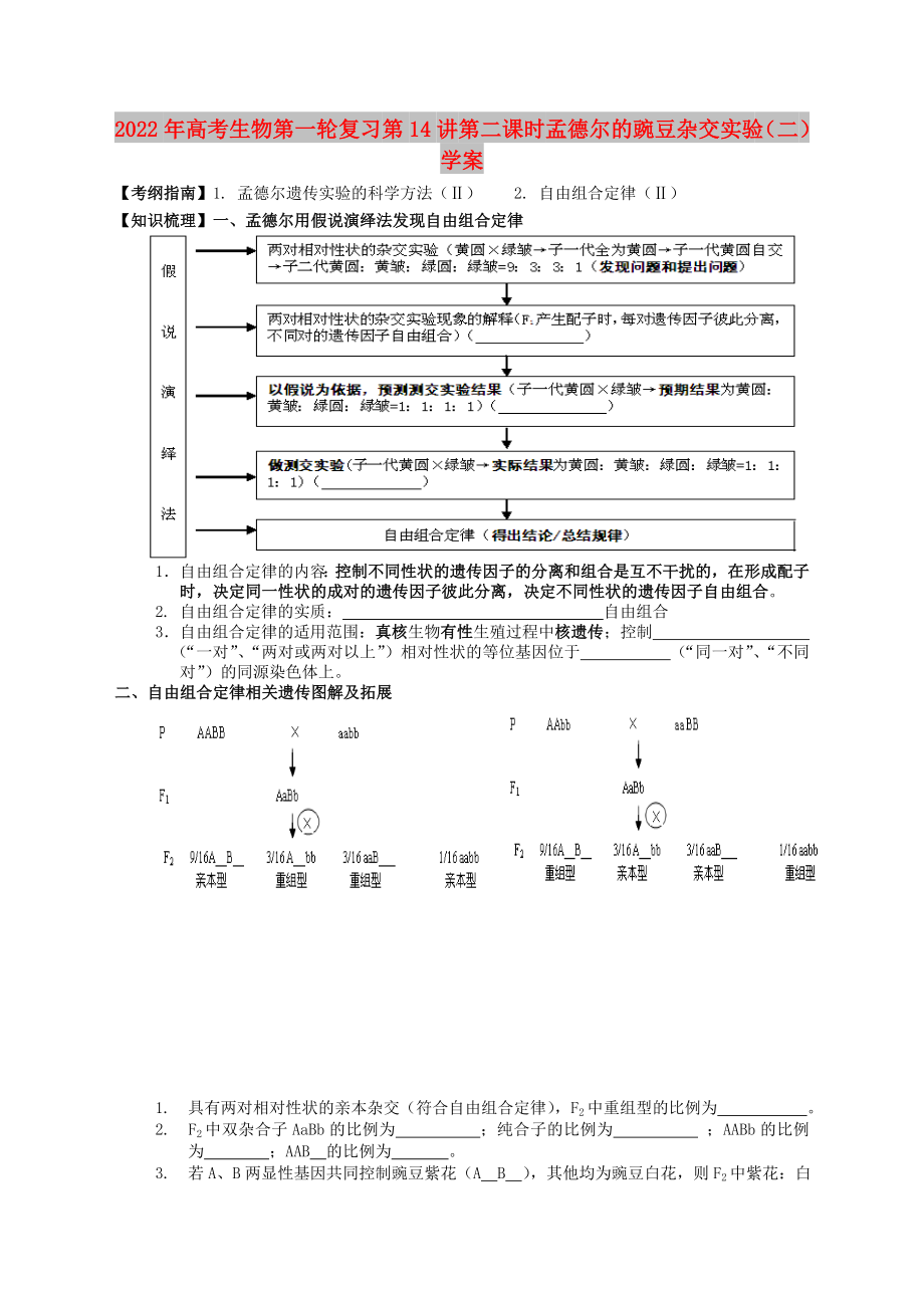 2022年高考生物第一輪復習 第14講 第二課時 孟德爾的豌豆雜交實驗（二）學案_第1頁