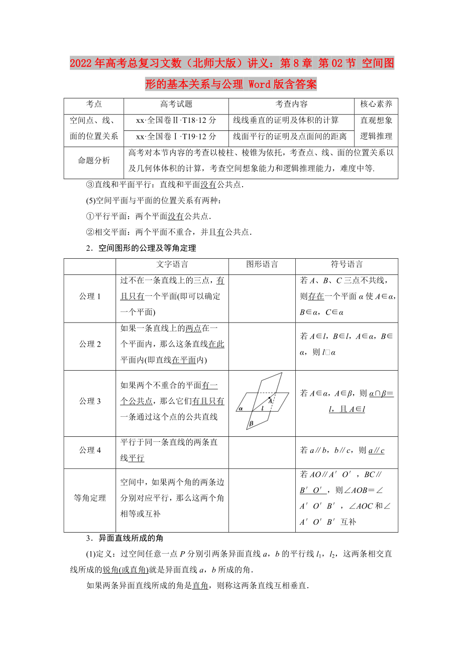 2022年高考總復(fù)習(xí)文數(shù)（北師大版）講義：第8章 第02節(jié) 空間圖形的基本關(guān)系與公理 Word版含答案_第1頁