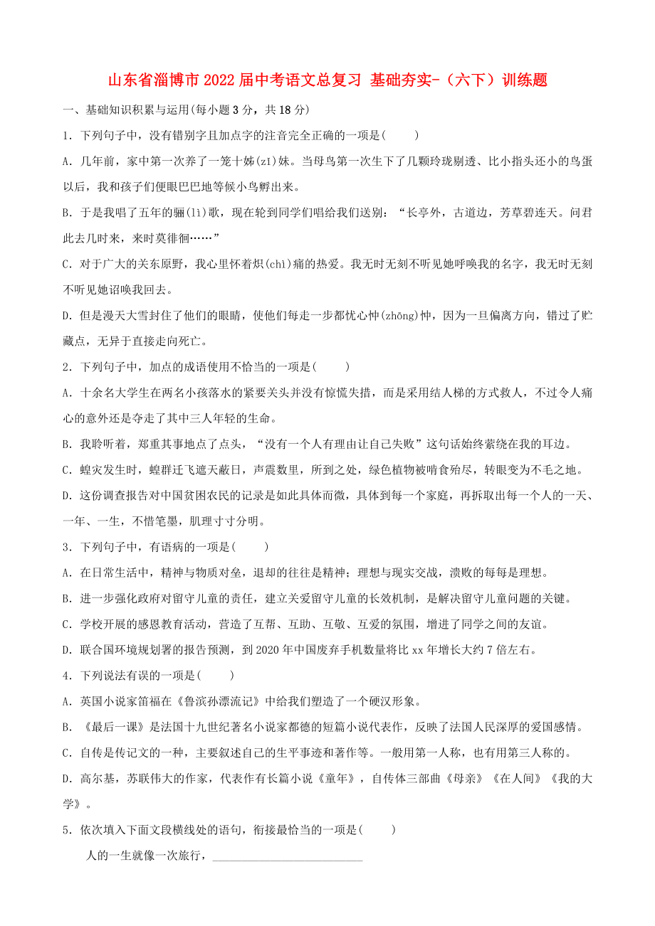 山東省淄博市2022屆中考語文總復(fù)習(xí) 基礎(chǔ)夯實(shí)-（六下）訓(xùn)練題_第1頁