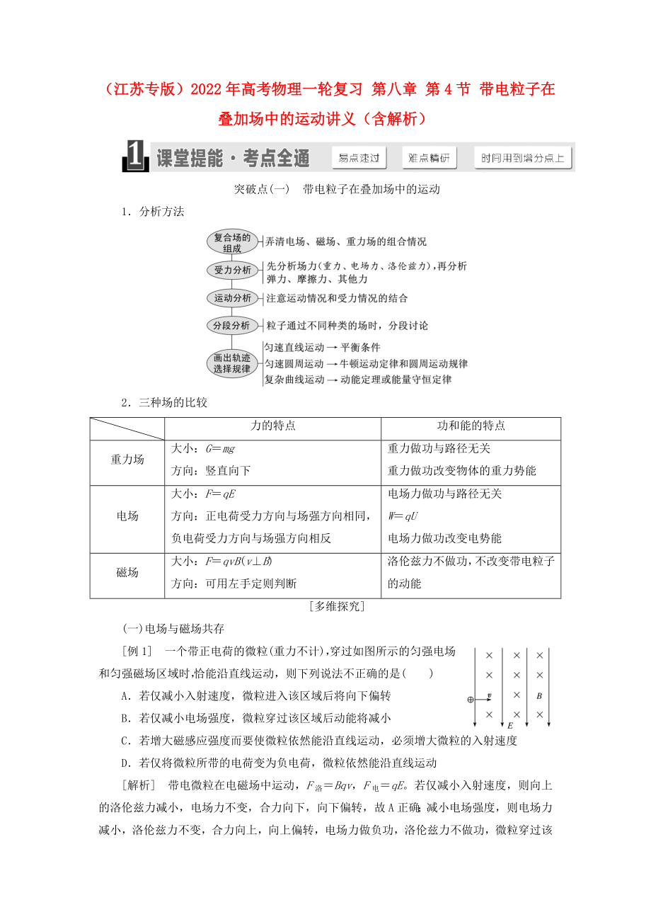 （江蘇專版）2022年高考物理一輪復(fù)習(xí) 第八章 第4節(jié) 帶電粒子在疊加場中的運(yùn)動(dòng)講義（含解析）_第1頁