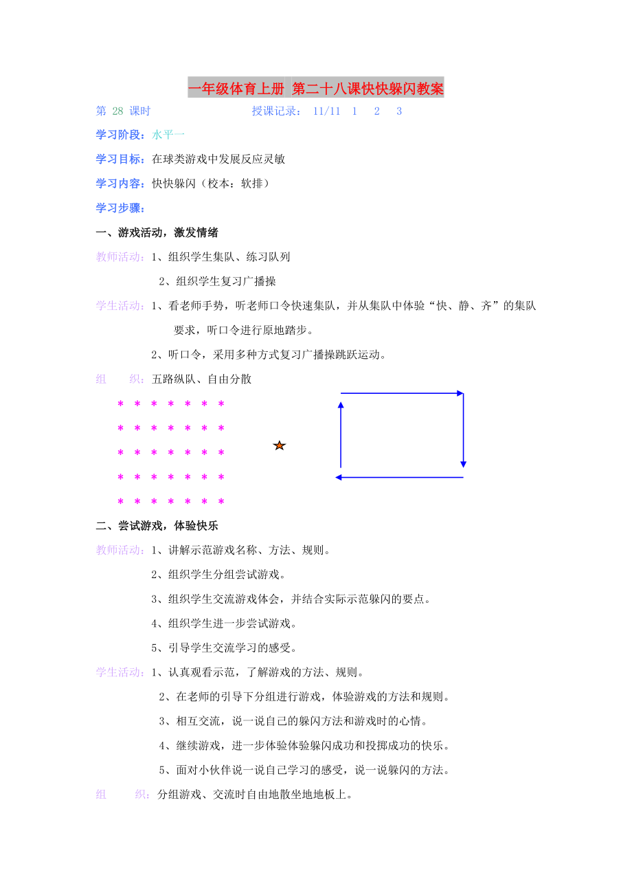 一年級(jí)體育上冊(cè) 第二十八課快快躲閃教案_第1頁