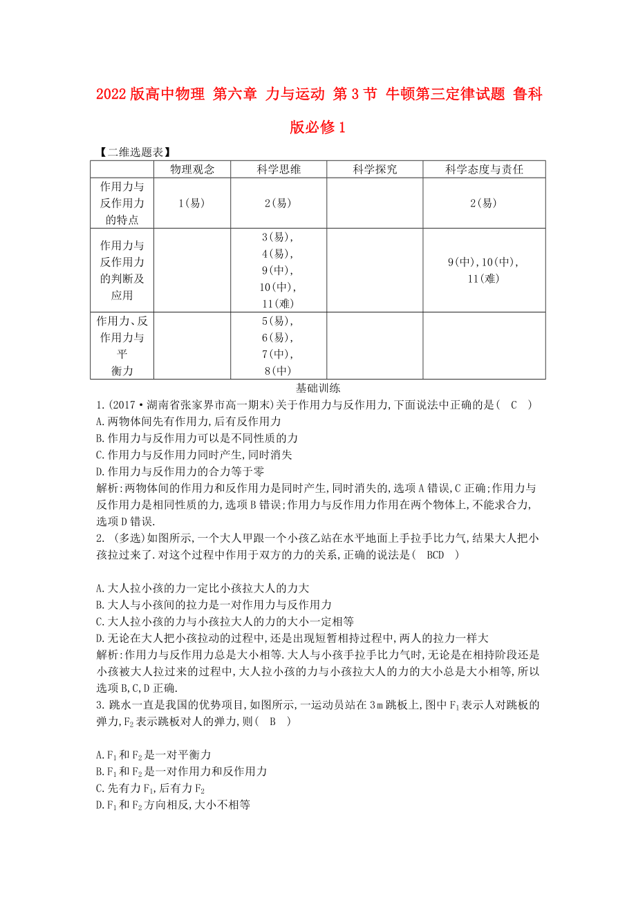 2022版高中物理 第六章 力與運動 第3節(jié) 牛頓第三定律試題 魯科版必修1_第1頁