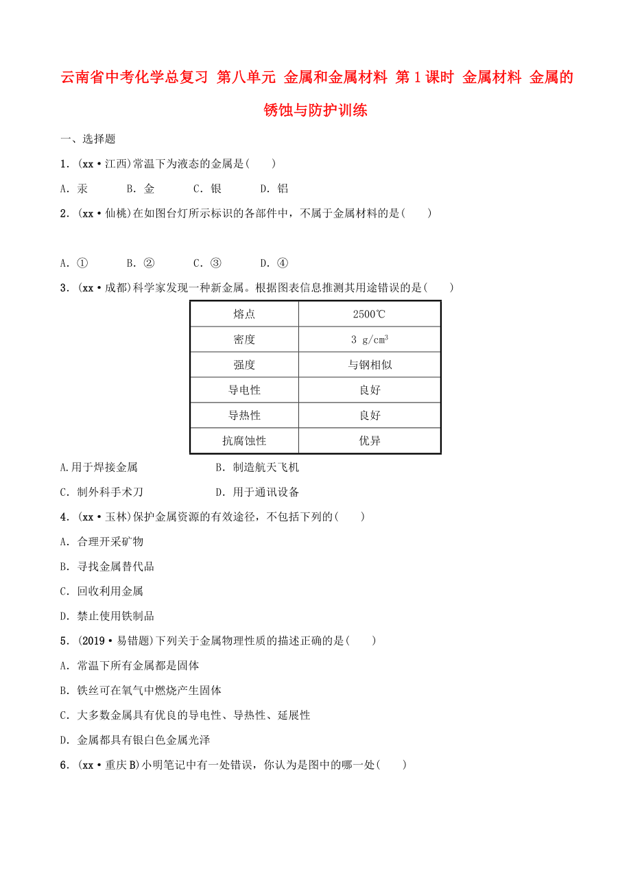 云南省中考化學(xué)總復(fù)習(xí) 第八單元 金屬和金屬材料 第1課時 金屬材料 金屬的銹蝕與防護(hù)訓(xùn)練_第1頁