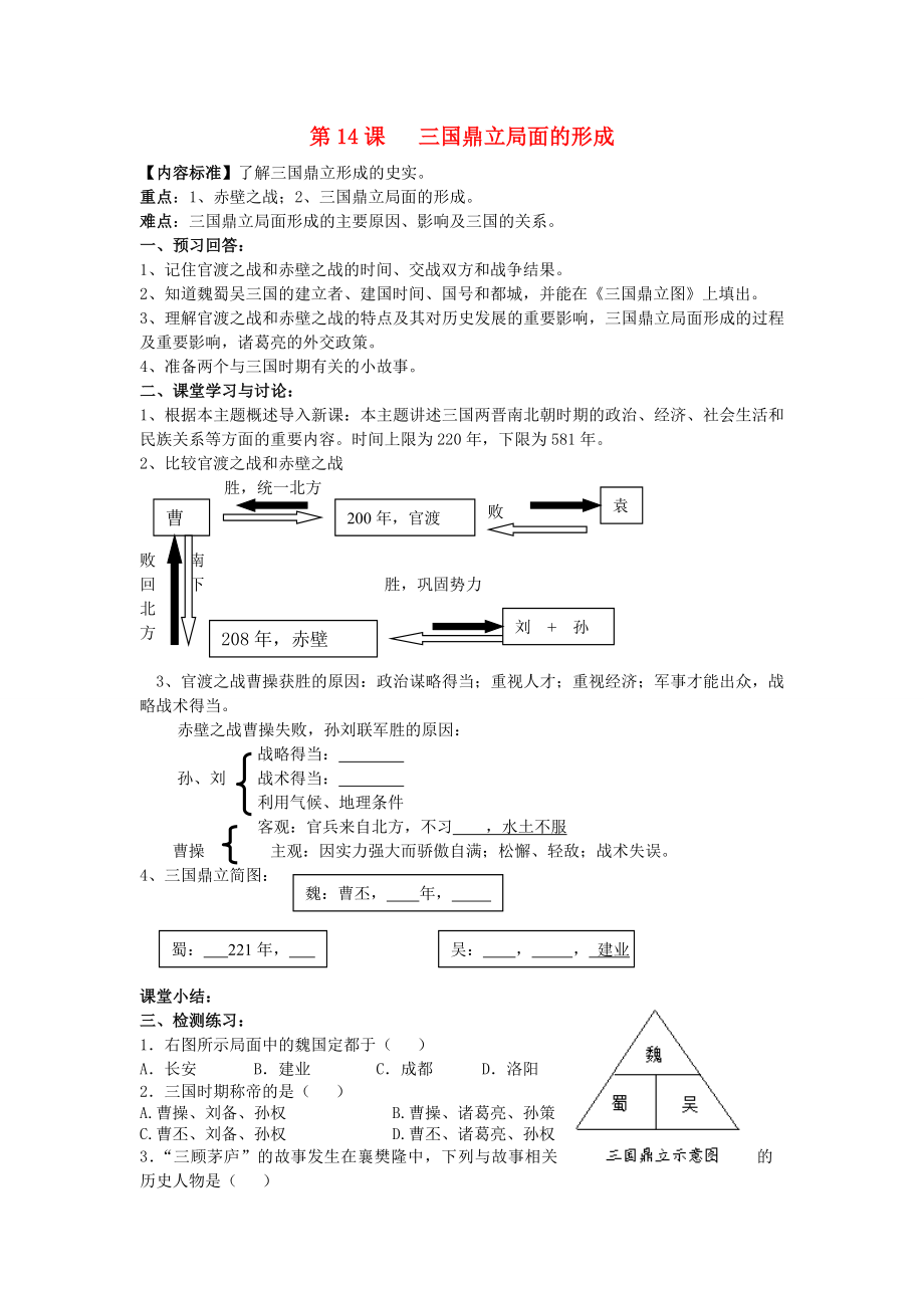 2020級(jí)七年級(jí)歷史上冊(cè) 第四學(xué)習(xí)主題 政權(quán)分立與民族融合 第14課 三國(guó)鼎立局面的形成講學(xué)稿（無(wú)答案） 川教版_第1頁(yè)