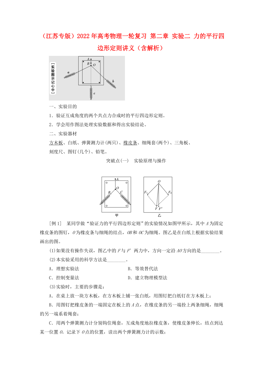 （江蘇專版）2022年高考物理一輪復(fù)習(xí) 第二章 實(shí)驗(yàn)二 力的平行四邊形定則講義（含解析）_第1頁(yè)