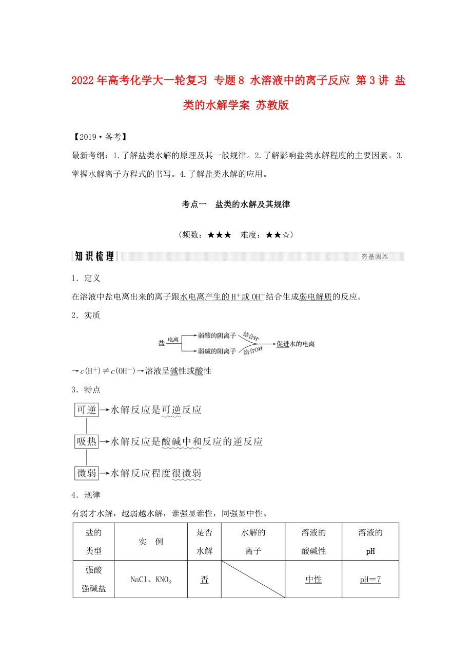 2022年高考化學(xué)大一輪復(fù)習(xí) 專題8 水溶液中的離子反應(yīng) 第3講 鹽類的水解學(xué)案 蘇教版_第1頁(yè)