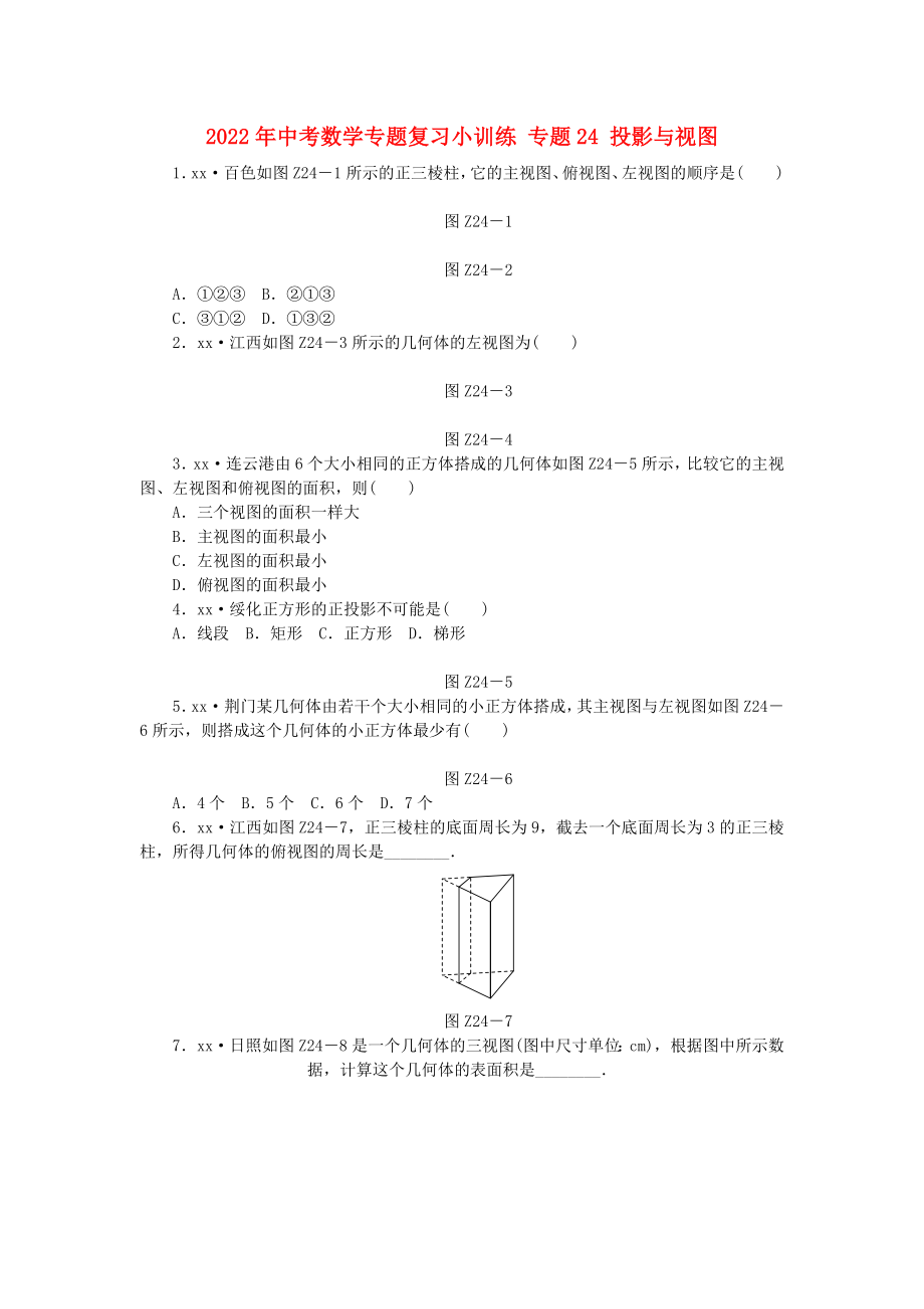 2022年中考數(shù)學專題復習小訓練 專題24 投影與視圖_第1頁