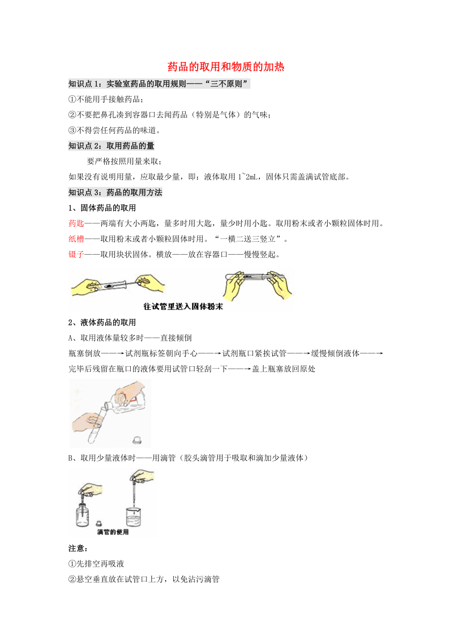 九年級(jí)化學(xué)上冊(cè) 第1章 開(kāi)啟化學(xué)之門(mén) 第3節(jié) 怎樣學(xué)習(xí)和研究化學(xué)《藥品的取用和物質(zhì)的加熱》知識(shí)梳理素材 滬教版（通用）_第1頁(yè)