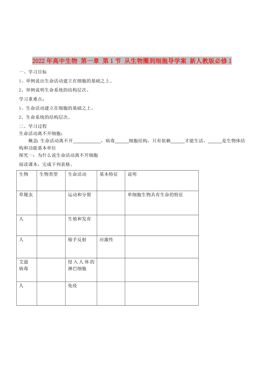 2022年高中生物 第一章 第1節(jié) 從生物圈到細(xì)胞導(dǎo)學(xué)案 新人教版必修1_第1頁