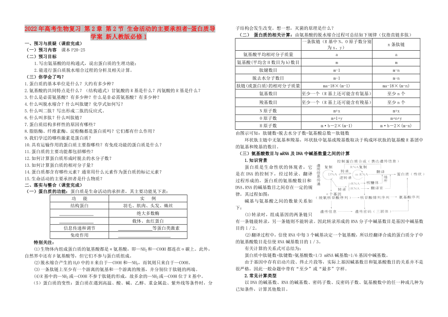 2022年高考生物復(fù)習(xí) 第2章 第2節(jié) 生命活動的主要承擔(dān)者-蛋白質(zhì)導(dǎo)學(xué)案 新人教版必修1_第1頁